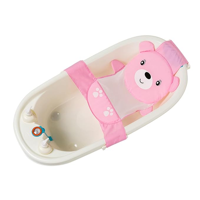 Cute Cartoon Bear Baby Bathtub Net Pocket Foldable and Portable Shower Net Bed Adjustable Bathing Net Infant Shower Gift Cute and Secure