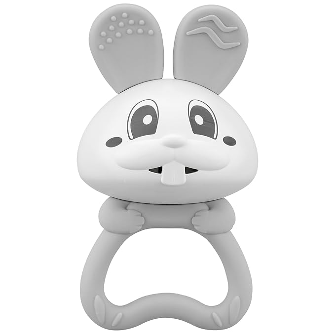 Mombella Baby Teething Toys 3–6 Months with Rattle, Bunny Easter Basket Stuffers for Babies 6–12 Months, Baby's First Toy with Anti Drop Strap, Teething Relief Baby Chew Toys, Easter Gifts, Grey