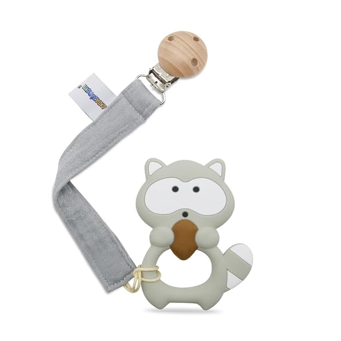 Baby Food Grade Silicone Teether Toy with Pacifier Clip Holder,Teething Pain Relief Toys Gift Set for 3 Months+ Boys and Girls,Freezer Safe,BPA Free (Raccoon)