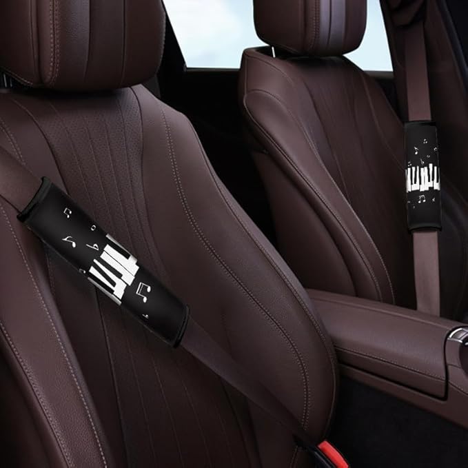 Black White Piano Keys Music Note Print Universal Seat Belt Covers for Musical Instrument Lover Auto Polyester Car Belt Strap Cover Shoulder Pad More Comfortable Driving