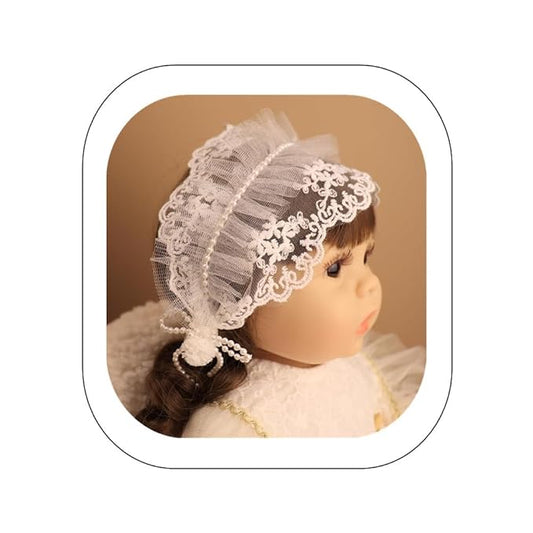Baby Girls Headband Lacy Bow Pearl Wide Hair Band Turban for Infants Newborn Toddler Floral Ivory Elastic Head Wrap Breathable Sun Bonnet Hair Accessories (White A)