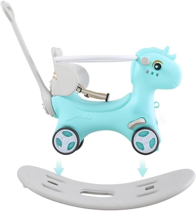 4 in 1 Rocking Horse for Toddlers 1.5-3 Years Old, Balance Bike Ride On Toys with Push Handle, Baby Rocking Toy Backrest and Balance Board for Baby Girl and Boy Fun Birthday Gift (Blue)