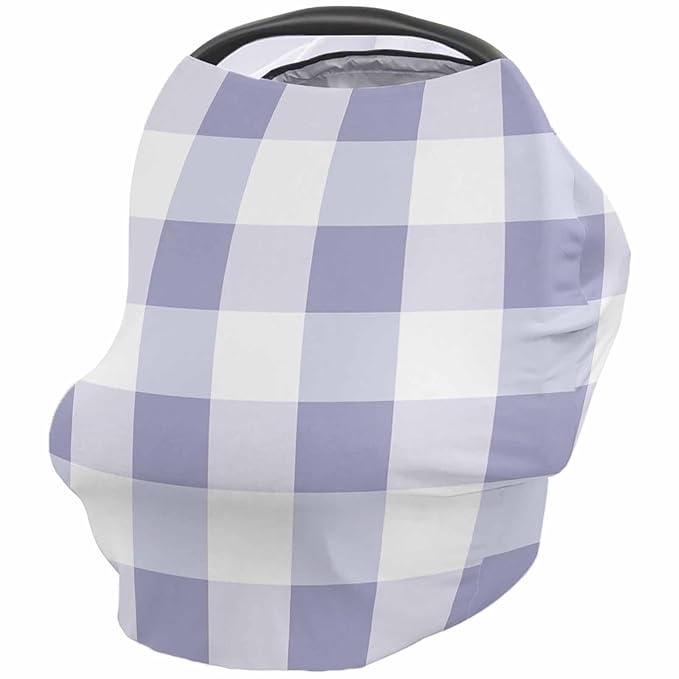 Purple White Plaid Car Seat Covers for Babies, Modern Geometric Checkered Lattice Nursing Breastfeeding Covers Stretchy Breathable Baby Carseat Canopy Cover for Girls and Boys Shower Gifts