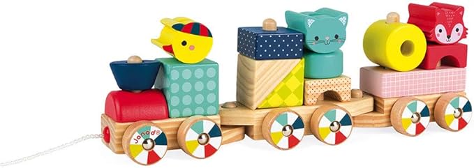 Janod - Baby Forest Wooden Train - Pull-Along Toy - 17 Blocks Included - Learning Shapes and Colours - Developing Fine Motor Skills - from 1 Year Old, J08022