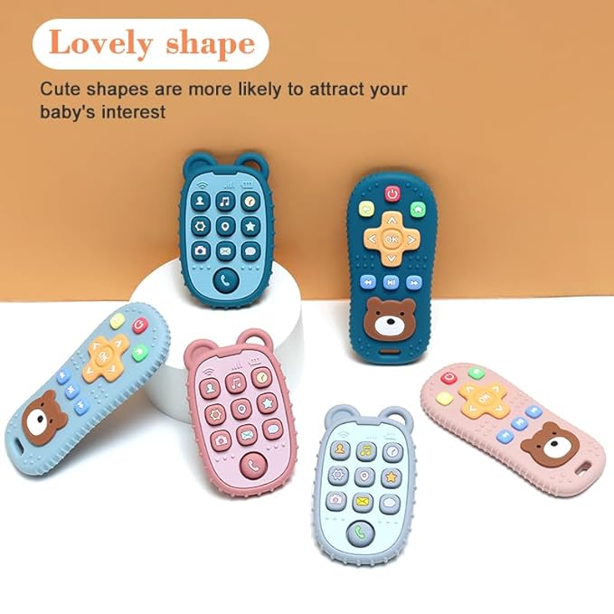 HippoBaby 2-Pack Silicone Teethers – Remote Control & Phone Teething Toys with Popper Buttons, BPA-Free, CPC Certified Baby Essentials for Infants & Toddlers (Remote/Phone - Dark Blue/Grey)