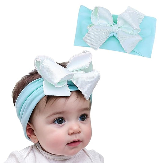 Baby Girl Soft Nylon Bow Elastic Headband Turban Toddler Infant Bow-knot Stretchy Hair Band Birthday Party Hair Bow Ribbon Accessories for Newborn Baby (Bow 1 - Green, Elastic)