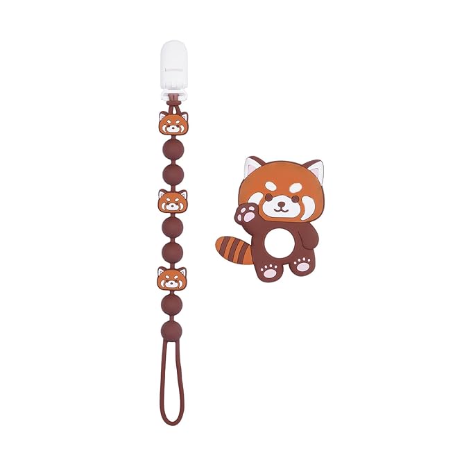 Cute Animal Baby Food Grade Silicone Teether Toy with One Piece Design Pacifier Clip Holder,Teething Pain Relief Toys Gift Set for 3 Months+ Boys and Girls,Freezer Safe,BPA Free (Red Panda)