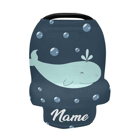 Personalized Baby Name Car Seat Cover for Boys, Customized Cartoon Whale Stroller Canopy, Multiuse Nursing Covers, Ocean Theme Infant Carrier Cover, Breastfeeding Scarf, Gift for Newborn Boy Girl