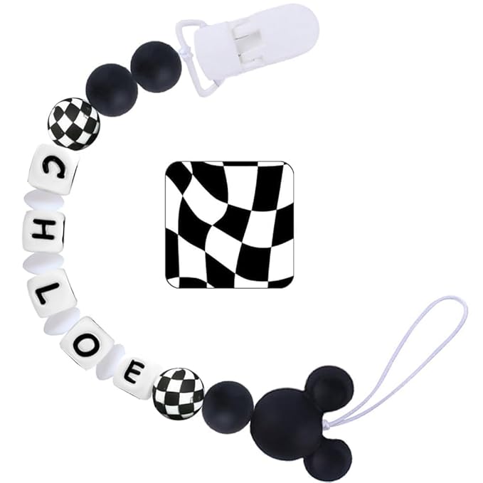 Personalized Pacifier Clip with Name Black Checkered Pacifier Holder Custom Name for Boy Mom Gift (Checkered)