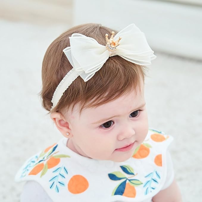 Cute Baby Girl Headband with Lace Bow and Crown Elastic Lace Bow Hair Band Newborn to Toddler Hair Accessory Shower Birthday Party Gift (Ivory, Free)