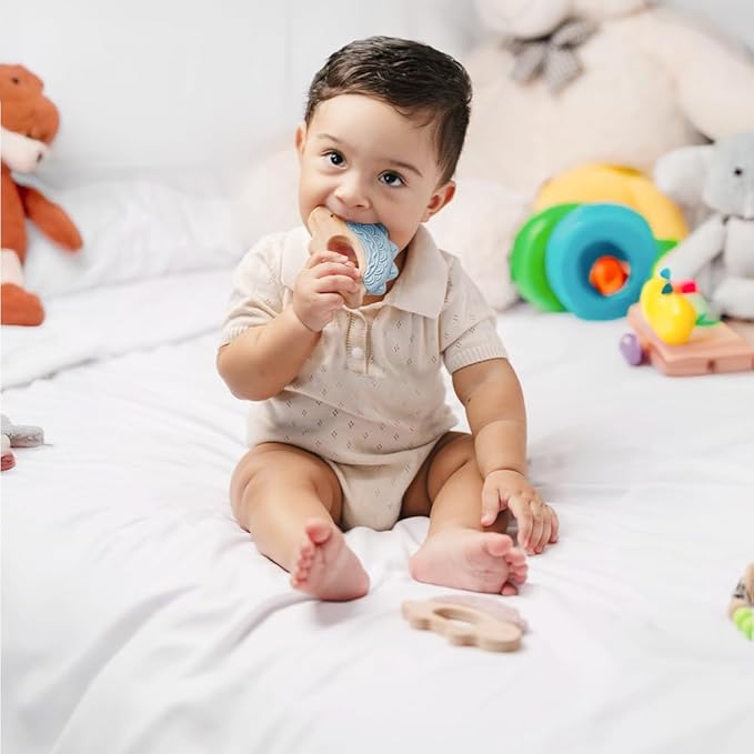 Baby Must Haves – Baby Teething Toys and Teether for Soothing Relief – Perfect for Teething Toys 3-6 Months and Shower Gifts – Soft, BPA-Free, Ergonomic Dinosaur Wood Design.