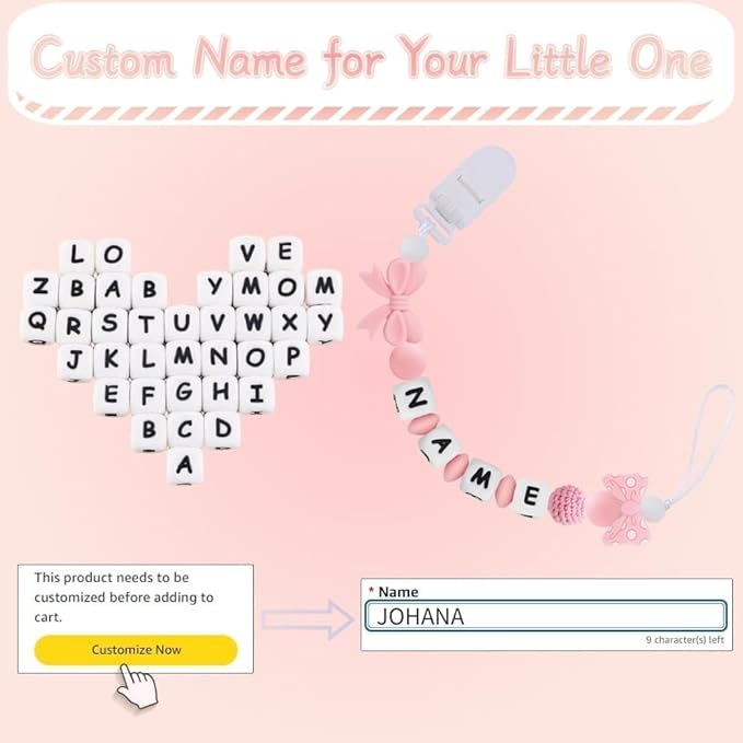 Personalized Name Pacifier Clips Nipples Holder Chain,Custom Baby Name Accessories Newborn Boy Girl Pacifier Clip(Pink)