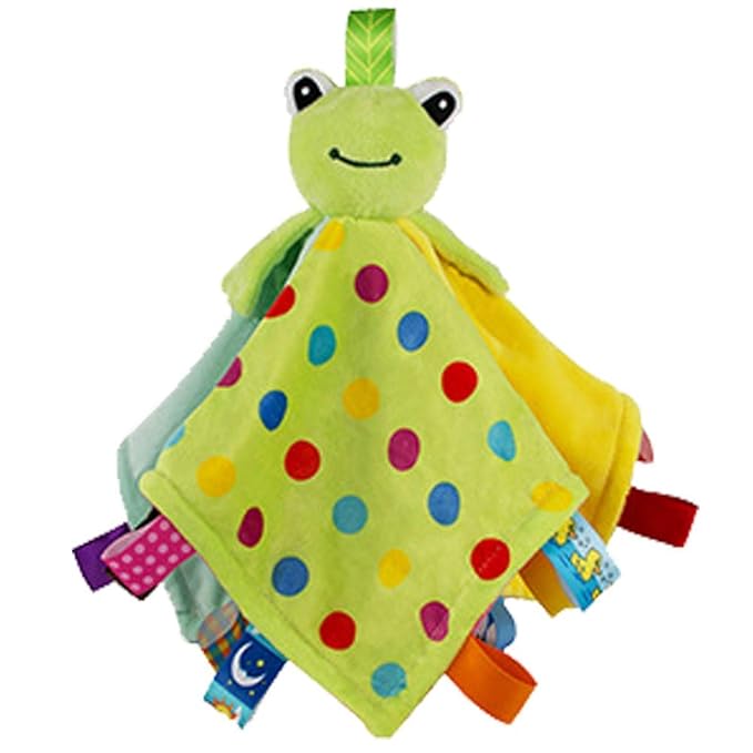 Inchant Baby Frog Security Blanket & Rattle Ball with Colorful Tags - Kids Infant Early Educatinal Plush Tag Toys, Green
