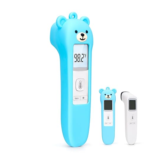 Cute Bear Silicone Thermometer Case Compatible with GoodBaby No-Touch Thermometer, Soft Anti-Drop Protective Cartoon Animal Cover Helps Calm Babies During Temperature Checks - Blue