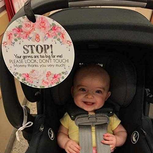 (Three Little Tots) No Touching Baby Car Seat and Stroller Two Pack- Baby Safety No Touching Car Seat Sign, Stroller Sign, Newborn Car Seat Tag- CPSIA Safety Tested (Flower/Eucalyptus)