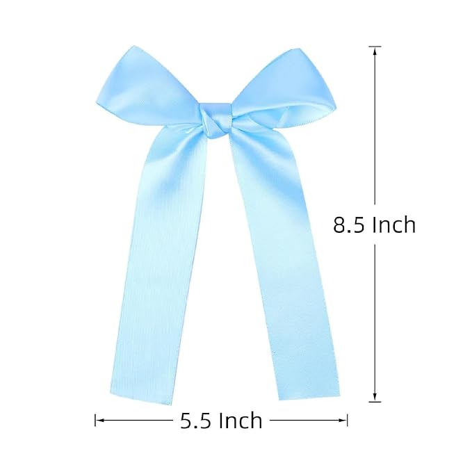 2-Pack Long Satin Ribbon Hair Bows for Girls – Elegant Silk Hair Clips for Toddlers, Infants, Teens & Kids - Sky Blue