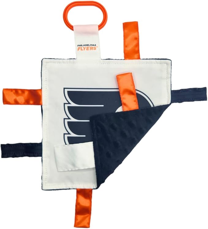 The Learning Lovey Philadelphia Flyers Baby Tag Toy, NHL Hockey Sensory Crinkle Toys, Soft & Safe, Ideal Stroller, BPA-Free with Clip, 8" x 8"