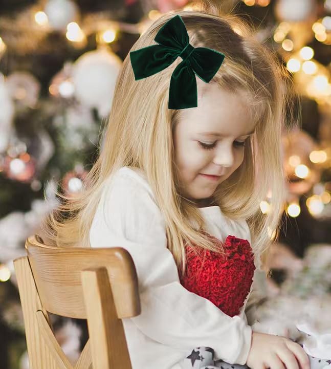 Hjiaruiky Green Velvet Hair Bows Clips - Hand-made Big Bows for Little Girls