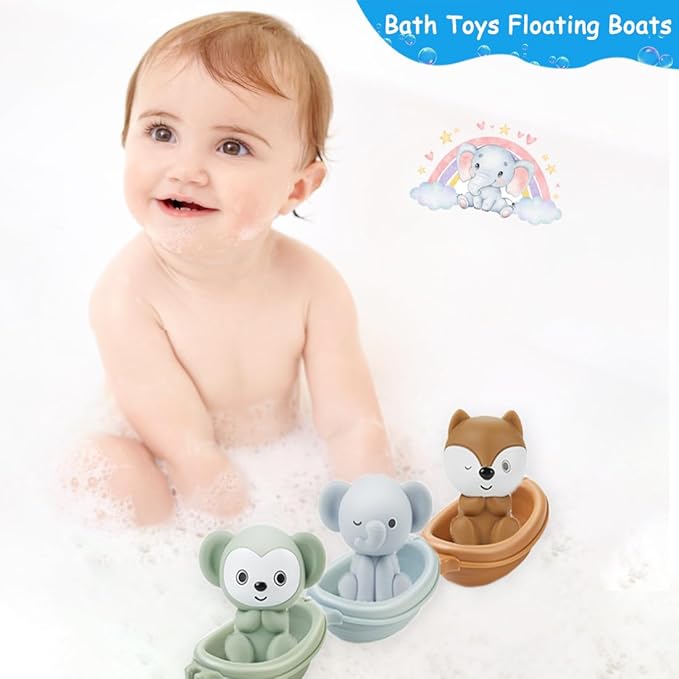 Baby Bath Toy Stackable Infant Bathtub Toys Stacking Floating Boat Train with Animal Finger Puppets Bath Toy Silicone Hand Puppet Educational Beach Toys for Babies Toddlers Party Favors