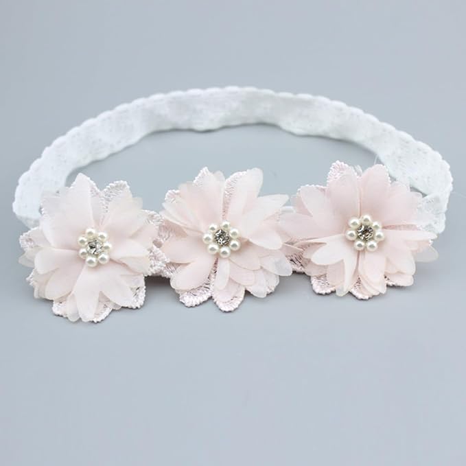 Floral Lace Hair Bow for Baby Girls Soft Stretch Headband for Newborns to Toddlers Baby Shower Birthday Hair Band 0-36 Months (Pink pearl, Free)