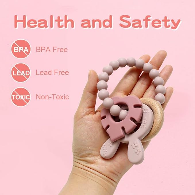 | Bohemian Teether | Baby Teether | Sensory Exploration and Teething Relief | 100% Food-Grade Silicone Teether Toy | BPA Free | Chewbeads | Silicone with Beechwood Ring | (Pink)