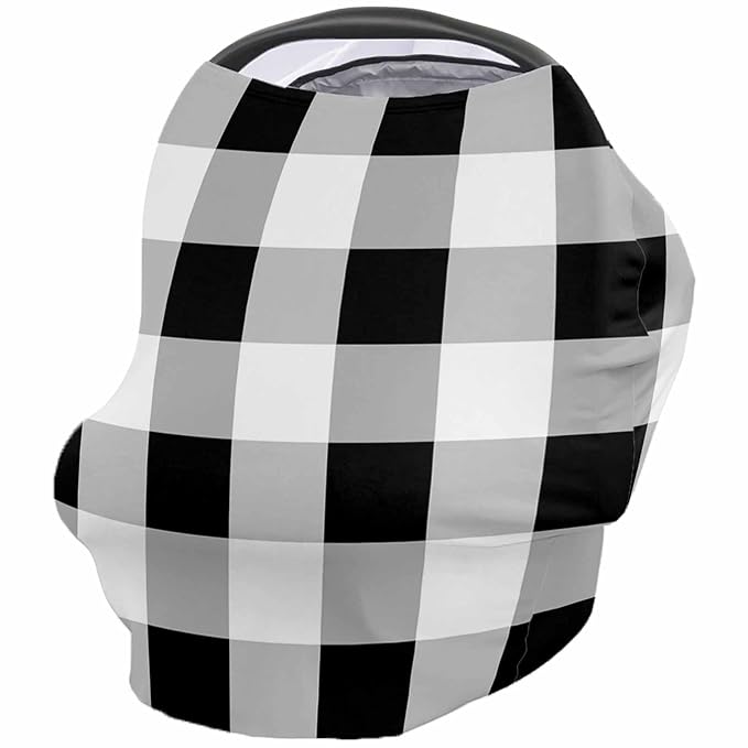 Black White Car Seat Covers for Babies, Buffalo Plaid Grey Check Lattice Geometric Nursing Breastfeeding Covers Stretchy Breathable Baby Carseat Canopy Cover for Girls and Boys Shower Gifts