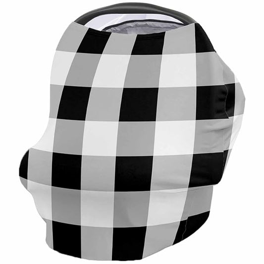 Black White Car Seat Covers for Babies, Buffalo Plaid Grey Check Lattice Geometric Nursing Breastfeeding Covers Stretchy Breathable Baby Carseat Canopy Cover for Girls and Boys Shower Gifts