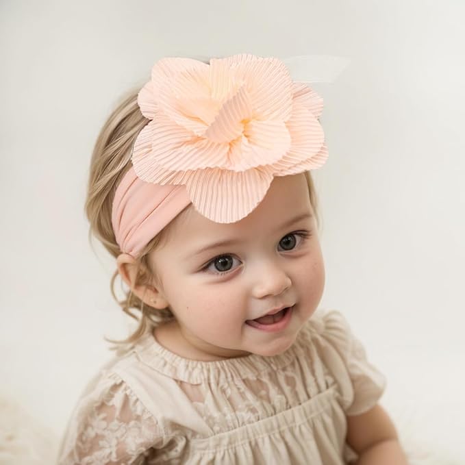 Large Flower Elastic headband for Baby Girl Infant Soft Fabric Chiffon Floral Hairband Toddler Newborn Christening Baptism Hair Accessories (Flower 1 - Pink, Elastic)
