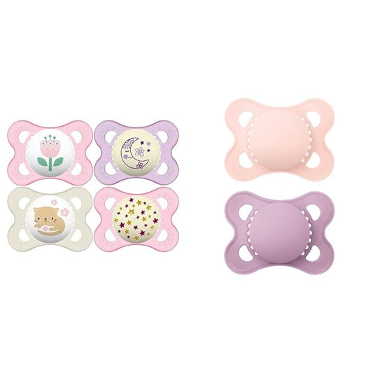 Original + Night 4-Pack, 0-6M Girl Baby Pacifiers (2pk) + Sterilizer Case