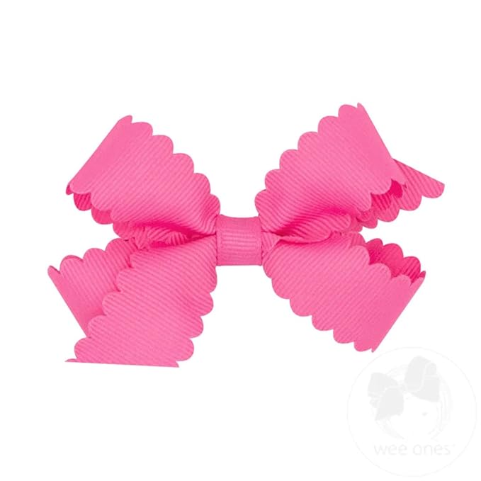 Wee Ones Girls' Classic Grosgrain Hair Bow with Scalloped Edges, No-Slip Hair Clip, Handmade, Hot Pink, Mini
