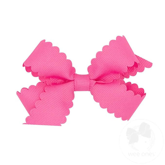 Wee Ones Girls' Classic Grosgrain Hair Bow with Scalloped Edges, No-Slip Hair Clip, Handmade, Hot Pink, Mini