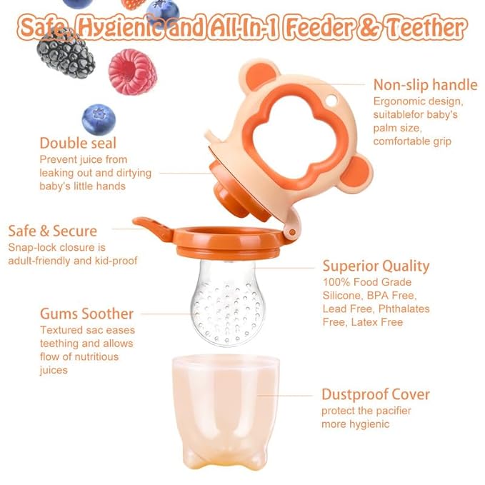 Baby Solids/Frozen Fruit Feeder Pacifier, Infant Teether Toy 4M+, BPA-Free Silicone Pouch & Nipple, Safely Introduce Solids, Teething Relief, 2-Pack