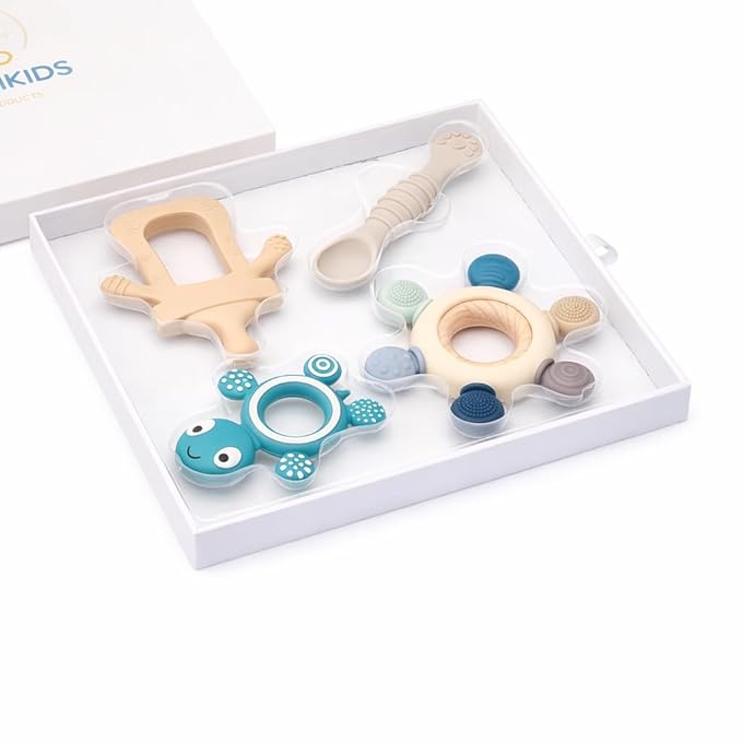 Baby Silicone Teething Ring Teether Gift Set for Boys and Girls Over 3 Months Soothes Gums Fits Small Hands Ergonomic Design Set of 4 Toys Ideal Gift Box BPA Free