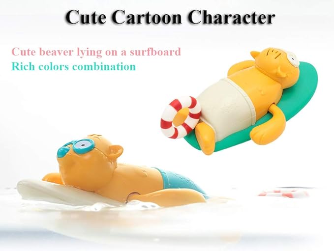 Pull String Baby Bath Toy Pull & Go Beaver Cute Surfing Beaver Swimming Beaver Windup Clockwork Bathtub Toy for Toddlers (Blue)