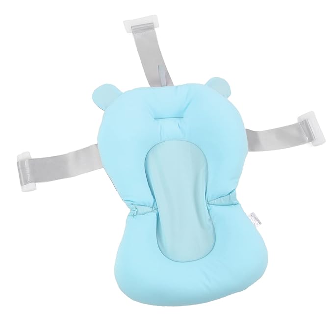 Baby Bath Cushion Pad - Newborn Bathtub Mat with Infant Bath Supporter Net and Nonslip Floating Seat (Blue Bear)