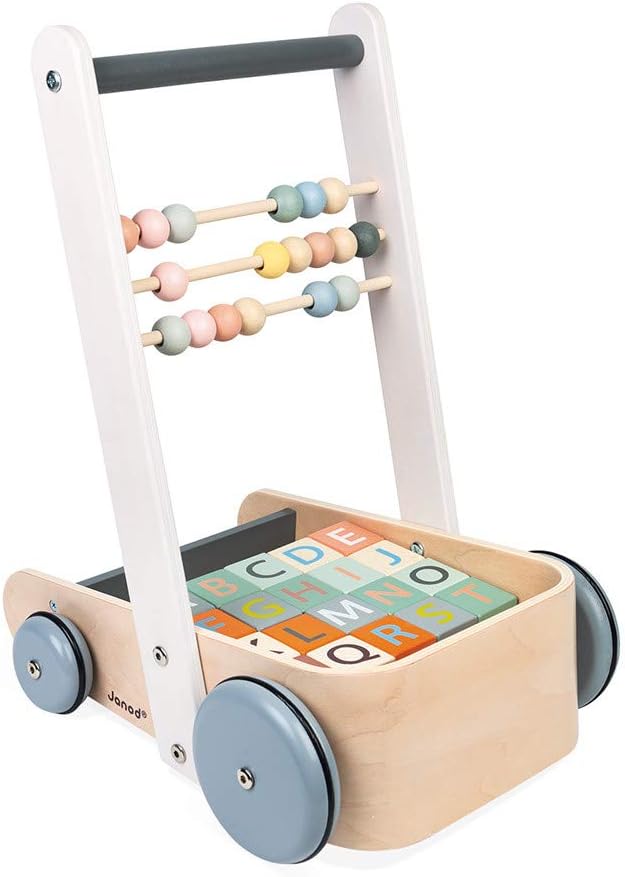 Janod Sweet Cocoon ABC Block Cart Push Toy with 20 ABC Blocks - Ages 1+ - J04408