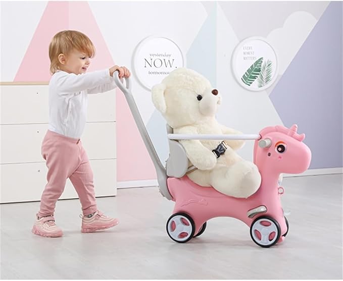 Rocking Horse for Toddlers 1-3 Years,4 in 1 Design, Kids Ride on Toy Balance Bike Push Cart with Detachable Balance Board,Fun Birthday Gift-Pink