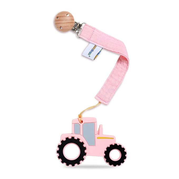Baby Food Grade Silicone Tractor Car Teether Toy with Pacifier clip Holder,Teething Pain Relief Toys Gift Set for 3 Months+ Boys and Girls,Freezer Safe,BPA Free (Pink)