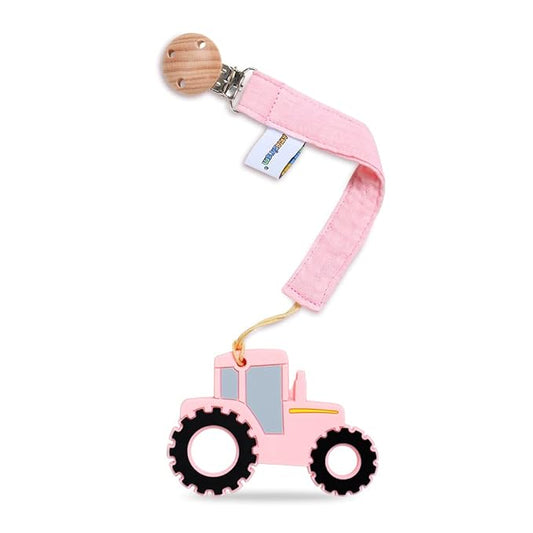 Baby Food Grade Silicone Tractor Car Teether Toy with Pacifier clip Holder,Teething Pain Relief Toys Gift Set for 3 Months+ Boys and Girls,Freezer Safe,BPA Free (Pink)