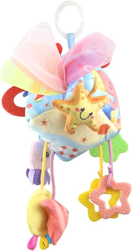 Caterbee Baby Sensory Tissue Box Toy with Hanging Hook – Pull Out Fabric Tissues, Rattle & Teether, Montessori Stroller & Car Seat Toy for Infants (Ocean)