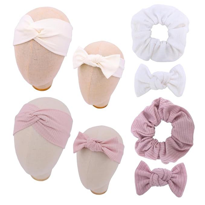 Sugarmelon Mommy and Me Headband Set Mother Baby Matching Turban Headbands for Toddler Baby Girls Women Scrunchies Hair Bow Hairbands (Dusty Pink/Snow)