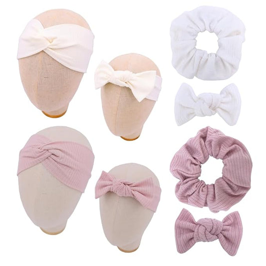Sugarmelon Mommy and Me Headband Set Mother Baby Matching Turban Headbands for Toddler Baby Girls Women Scrunchies Hair Bow Hairbands (Dusty Pink/Snow)