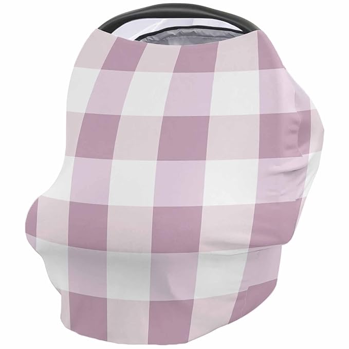 Pink White Plaid Car Seat Covers for Babies, Modern Geometric Checkered Lattice Nursing Breastfeeding Covers Stretchy Breathable Baby Carseat Canopy Cover for Girls and Boys Shower Gifts