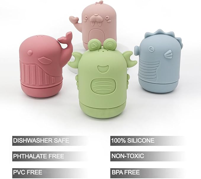 PandaEar 4 Pack Silicone Bath Toys for Babies 0-6 6-12 Months, Mold Free Bathtub Toys for Toddlers Kids Infant, Non Toxic Swimming Shower Toys for Toddlers 1-3 (A)