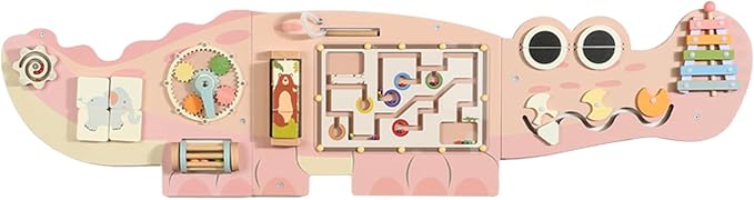 SHIERDU Interactive Pink Crocodile Wall Game - Wooden Educational Toy with 10+ Games for Kids (3+), STEM Learning, Hand-Eye Coordination & Sensory Development