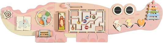 SHIERDU Interactive Pink Crocodile Wall Game - Wooden Educational Toy with 10+ Games for Kids (3+), STEM Learning, Hand-Eye Coordination & Sensory Development