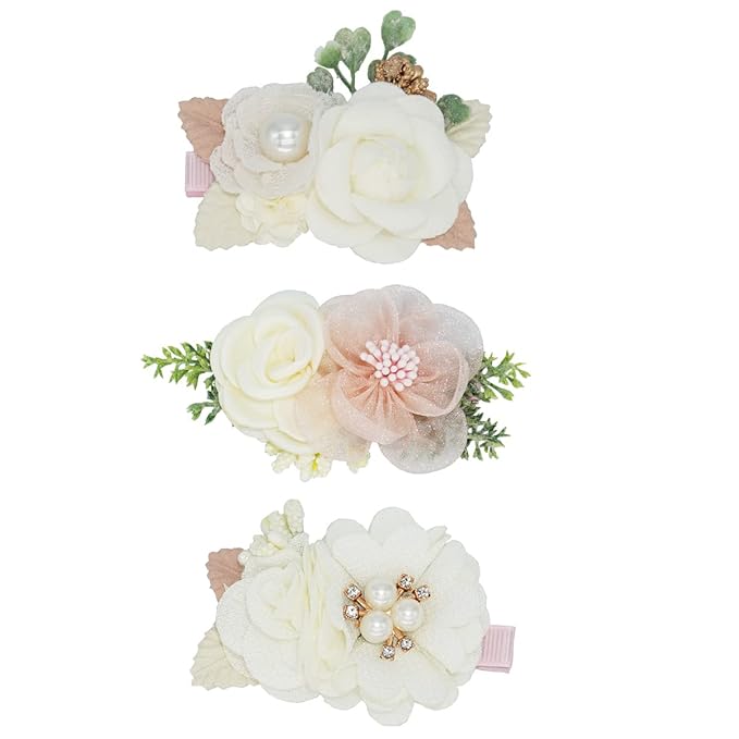 3pcs Girls Flower Hair Clips, Floral Hair Barrettes w/Boutique Fully Lined Alligator, Hair Bows for Baby Newborn Toddler