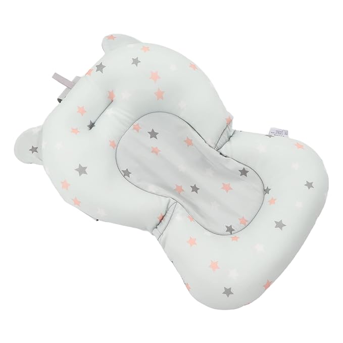 Baby Bath Cushion Pad - Newborn Bathtub Mat with Infant Bath Supporter Net and Nonslip Floating Seat (Light Blue Stars)
