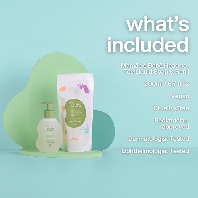 Natura - Mamãe e Bebê Baby Head to Toe Liquid Soap with Refill - Multipurpose Wash - 100% Vegan - 98.5% Natural Origin - All Skin Types - Cruelty Free - Baby Essentials - 6.7 fl oz (200ml)