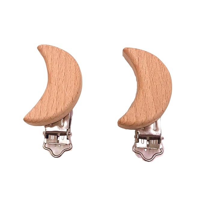 20pcs Natural Wood Suspender Pacifier Clips Cute Beech Wooden Animal Moon Shape Clips Charm DIY Beading Pacifier Chain Accessory